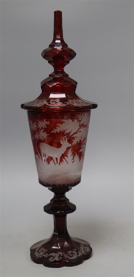 A Bohemian ruby glass goblet and cover, height 40cm